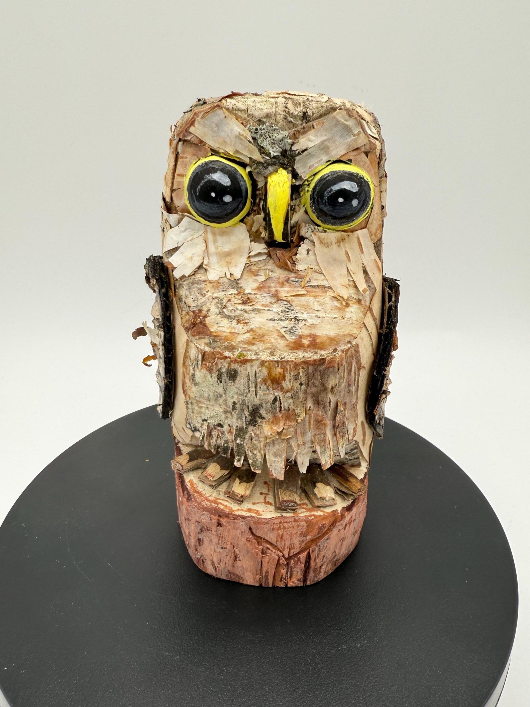Hand Carved Birch Bark Owl Sculpture: Signed Folk Art