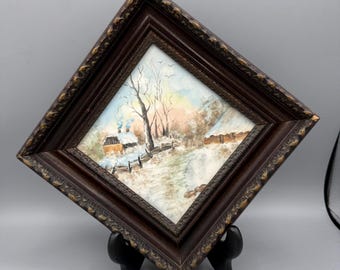 Vintage Hand Painted Ceramic Tile Art, Winter Barn Scene, Rustic Cottagecore Decor (6x6 Tile)