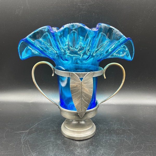 Vintage Blue Glass and Metal Spooner Vintage Serving Piece Crimped Blue Glass with Metal Leaf Holder Possibly Early Bischoff Glass Vintage