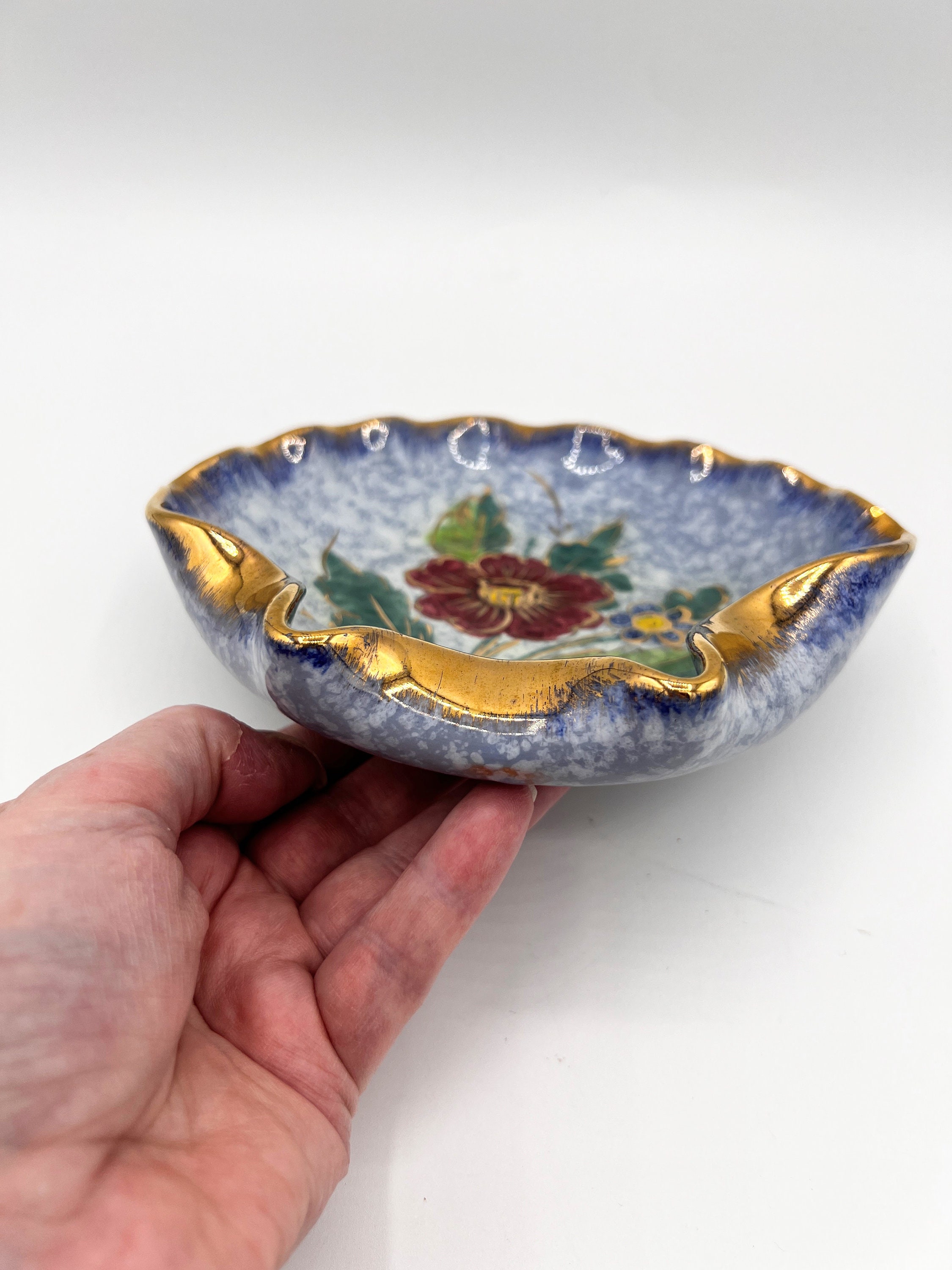 Vintage Italian Pottery Shell Dish: Handpainted Floral Trinket 