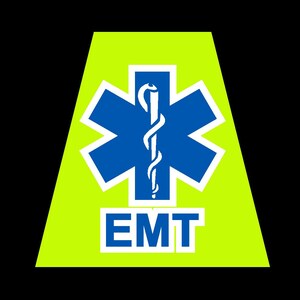 Pu&ograve; includere: Una stella della vita gialla e blu con un serpente avvolto attorno a un bastone, con il testo "EMT" sotto.