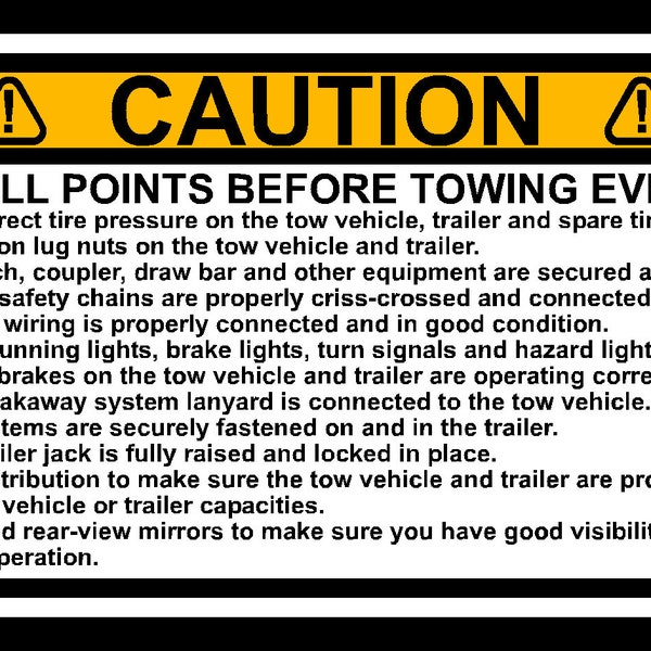 Reflective Trailer Safety Towing Checklist Caution Decal, Sticker, Warning Label 2.75'" x 5.5"