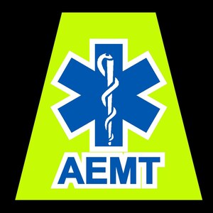 Pu&ograve; includere: Un adesivo triangolare verde e bianco con una stella della vita blu e il testo "AEMT" in lettere bianche.