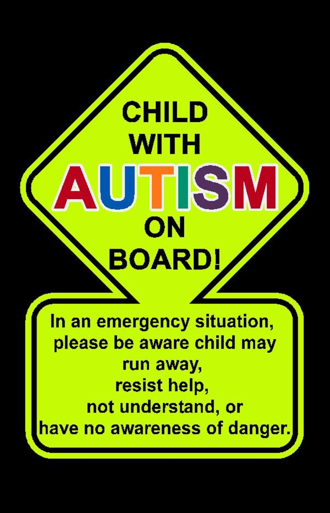 REFLECTIVE Hi Viz Fluorescent Yellow Autism Awareness Child on Board ...