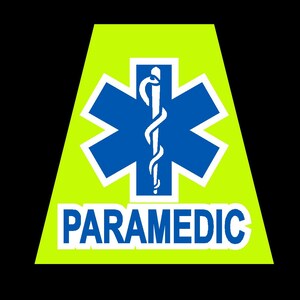 Pu&ograve; includere: Un triangolo giallo con un simbolo della Stella della Vita blu e bianco e la parola "PARAMEDICO" in lettere bianche.