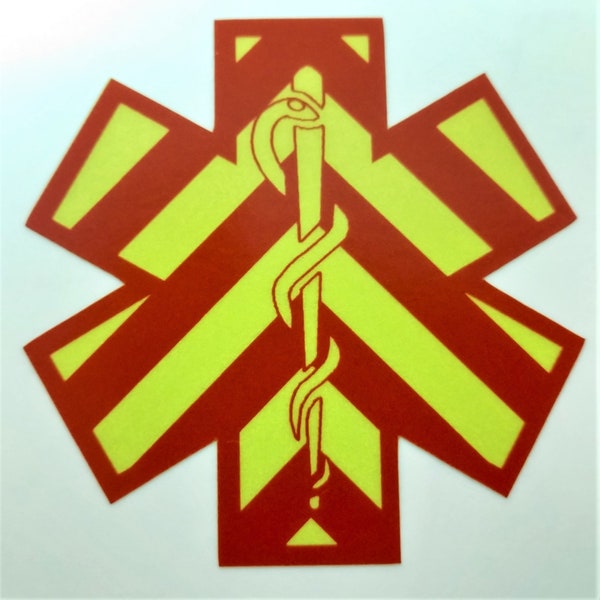 Fluorescent Yellow and Red Chevron Striped Reflective Vinyl Star Of Life Car or Fire Helmet Decal multiple sizes