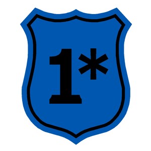 May include: A blue shield-shaped patch with a black outline and the number "1*" in black.