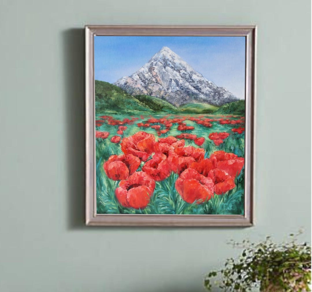 Vibrant Red Poppy Field on Canvas Hand-painted Original Art With Snowy ...
