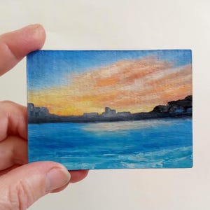 Evening Seascape Miniature Oil Painting Sunset on the Coast Original Art Hand Painted Gift Mini Artwork for Collctor Landscape 3.5 x 2.5 in.