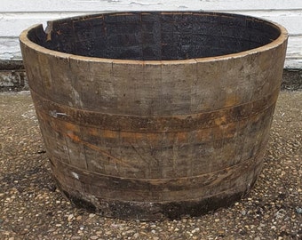 Large Wide Rustic White Oak Barrel Garden Planter - Tree Planter, Vegetable Planter, Log Basket - Reclaimed Ex Whiskey Barrel
