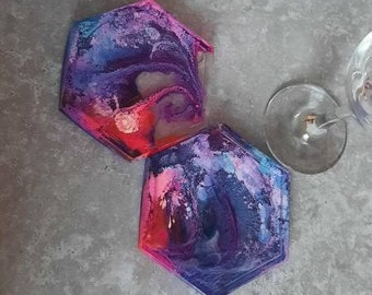 résine petri coaster, sous-verre d’encre d’alcool, sous-verre de résine, plateau de résine, wcer B coaster, montagnes russes de résine pourpre hexagonale, support de bougie de résine,