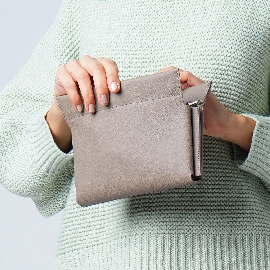 Beige Clutch Genuine Leather Crossbody Bag Taupe Brown Etsy