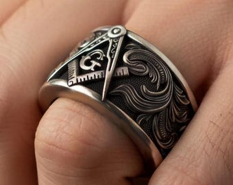 Bague maçon en argent pour homme, anneau franc-maçon, maçonnique, franc-maçon, cadeau d&#39;anniversaire plaqué or rose, remise des diplômes, anniversaire