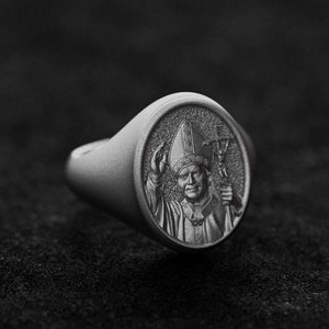 Pope John Paul Silver Signet Ring - Men&#39;s Catholic Jewelry, Spiritual Papal Religious Ring for Devoted Faith
