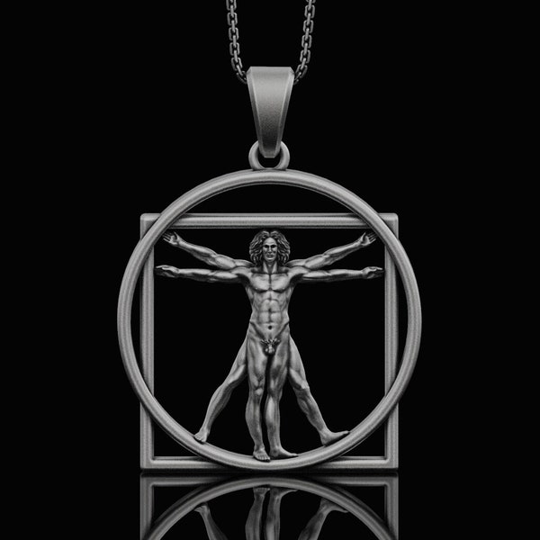 Plata El hombre de Vitruvio Collar Leonardo Da Vinci Arte Renacimiento Joyería Regalo de Navidad para ella, Él Colgante de oro