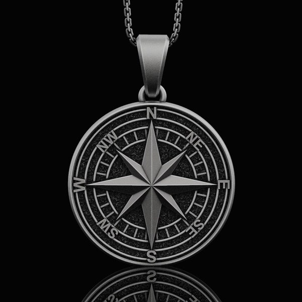 Silberne Kompass-Halskette, Herrenschmuck, Weihnachtsgeschenk für Ihn, Geschenke für den Freund, Herren-Anhänger, Nordstern, personalisierte Halsketten