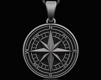 Silver Compass Necklace, Men's Jewelry, Christmas Gift For Him, Boyfriend Gifts Mens Pendant North Star Personalized Necklaces