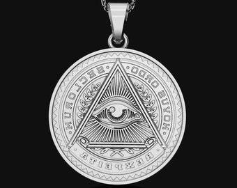 Silver All Seeing Eye of Providence Illuminati Medallion Necklace Birthday Pendant Gifts Two-Sided Jewelry Anniversary