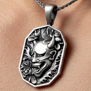 Sterling Silver Hannya Mask Pendant, Oni Demon Necklace, Japanese Mythology image 1