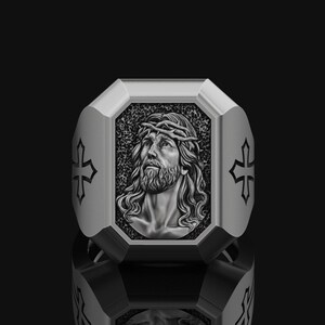 Jesus Christ Heavy Crucifix Ring Thorn Crown Mens Silver Accessory Gift for Husband, Wife Religious Jewelry 925 Sterling Silver Birthday