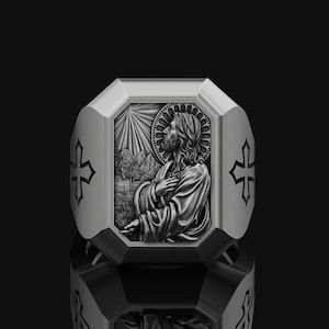 Silver Jesus Christ Prayer Ring Christian Jewelry Religious Accessory Gift for Her, Him Unisex Sterling Silver Signet Ring Catholic Ring