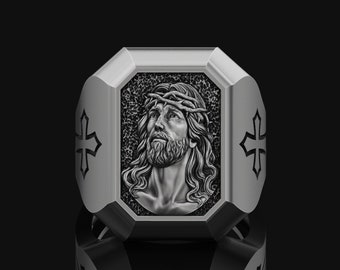 Bague crucifix lourd Jésus-Christ, couronne d'épines, accessoire en argent pour homme, cadeau pour mari, femme, bijoux religieux, anniversaire en argent sterling 925