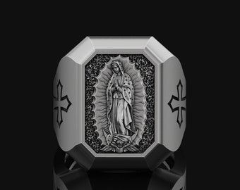 Guadalupe Religious Accessory Silver Jewelry Mary Ring Holy Mother of Jesus Oxidized Sterling Silver Gift for Husband Men's Silver Ring Gift