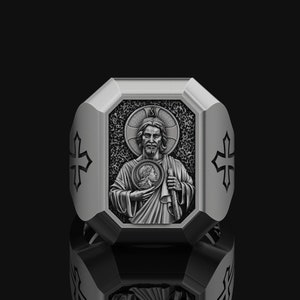 St Jude Ring Christian Accessoire Silber Religiöser Schmuck Geburtstag Geschenk 925 Sterling Silber Herren, Damen Siegelring Christianity Saint Jude