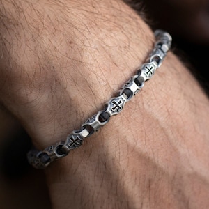 Silver Cross Chain Bracelet, Religious, Oxidized Christian Jewelry, Mens Sterling Silver Bracelet, Men&#39;s Religious Bracelet