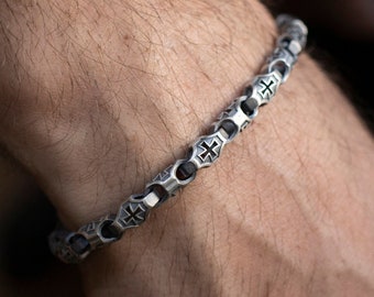 Silver Cross Chain Bracelet, Religious, Oxidized Christian