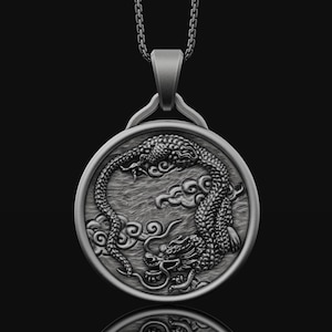 Chinese Serpent Dragon Necklace Asian Mythical Creature Pendant Gift For Him, Lunar New Year, Men Silver Fantasy Jewelry