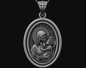 Rotating Mary and Baby Jesus Necklace Sterling Silver Religious Pendant Amulet Medallion Christian Gifts Catholic Jewelry