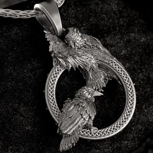 Hugin and Munin Raven Pendant Necklace 925 Sterling Silver, Norse Viking Raven Jewelry, Odin&#39;s Ravens Mythology Necklace Gift for Men Women