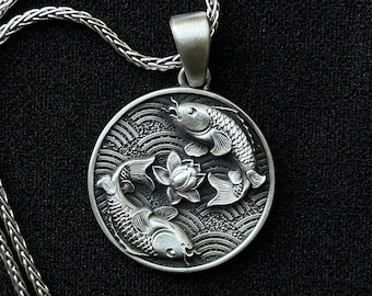 Sterling Silber Koi Fisch, Yin und Yang, Lotus Halskette, Glücksfisch Halskette, Koi Schmuck, Halskette Fische, Halskette Herren - Handgemacht