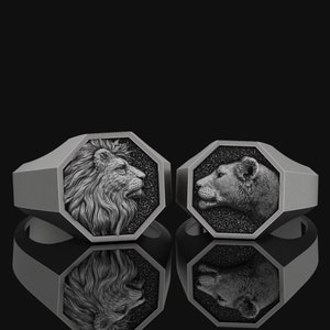 Lion King and Queen Couple Set Promise Ring, Lioness Jewelry, Alternative Engagement Wedding Matching Ring Animal, Leo Gifts