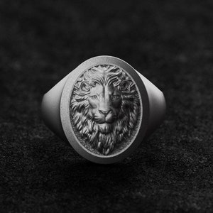 Men&#39;s Lion Signet Ring - Oxidized Silver Jewelry, 925 Sterling, Bold Accessory, Birthday, Anniversary, Holiday Gift