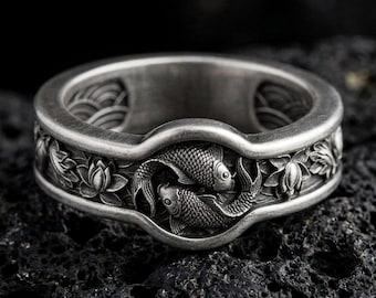 Yin Yang Sterling Silver Wedding Band, Unisex Anniversary Ring