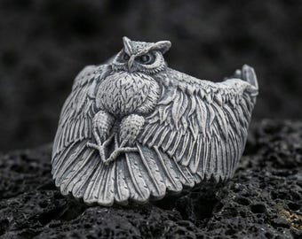 シルバーフクロウ天使の羽鳥リング、フクロウリング925kスターリング