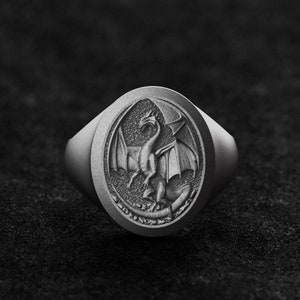 Chevalière dragon en argent - Bijoux médiévaux mythologiques, bague dragon pour homme et femme, cadeau unique unisexe pour la Saint-Valentin