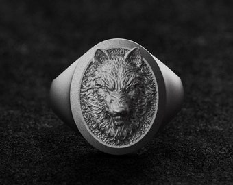 Angry Wolf Silber Siegelring Herren Accessoire Schmuck Geschenk für Ihn 925 Sterling Silber Oxidiert Tierkopf Ring Geburtstag, Jahrestag Geschenk