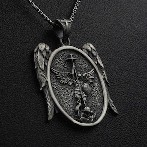 St Michael Archangel Necklace Religious Gift Christian Amulet Valentine Gift for Her, Him Silver Accessory New Year Gift for Men, Women