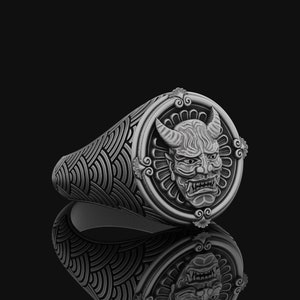Oni Mask Ring, Sterling Oni Design, Japanese Ring, Seigaiha Waves, Oni Jewelry, Men&#39;s Oni Mask, Unisex, Mythical Demon, Unique Yokai Gift