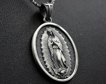 Guadalupe Miraculous Virgin Mary Necklace Religious Accessory Christian Jewelry Mother Mary 925 Sterling Silver Mens Womens Unisex Pendant