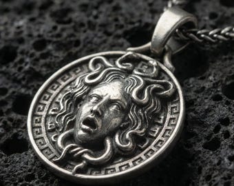 Sterling Silver Medusa Necklace, Greek Mythology Pendant
