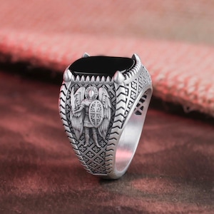 Archangel Ring, St Michael Ring, Christian Jewelry, Spiritual Gift, Cushion Gemstone, Onyx Ring, Tiger Eye Ring, Guardian Angel Ring