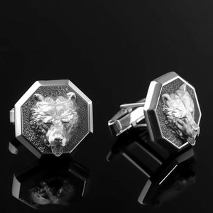 Silver Bear Cufflinks, Bear Cuff Links, Animal Cufflinks Men Accessories, Groomsmen, Cufflinks For Men, Men&#39;s Cufflinks, Grizzly Bear, Groom