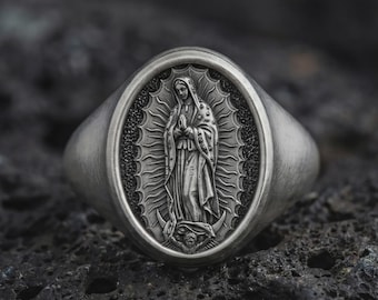 Virgin Mary Silver Ring, Our Lady of Guadalupe Signet, Religious ...