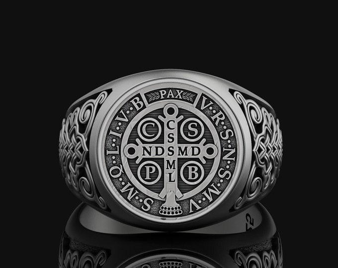 Bague pour homme Saint Benoît catholique chrétien en argent sterling