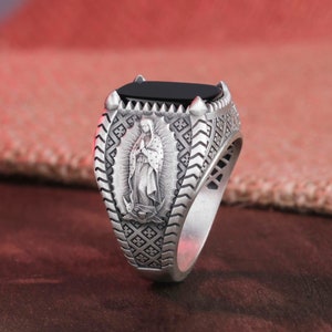 Guadalupe Ring, Christian Jewel, Faith Gift, Cushioned Onyx, Lazuli, Garnet Decor, Sacred Emblem, Devotion Band, Holy Fashion