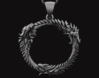 Silver Elder Scrolls Online Inspired Necklace, Dragonborn Pendant, Dragon Ring, Skyrim Gift, Video Game Jewelry, Memorial Gift